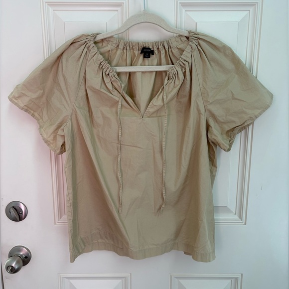 J.Crew Tan Poplin Short Sleeve Cinched Keyhole Neck Blouse Size Medium - Picture 3 of 8